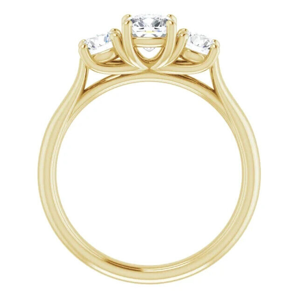 This stunning Forever One™ Moissanite Three-Stone Engagement Ring is crafted in 14K yellow gold and features a 5.0mm center stone flanked by two 4.0mm side stones.