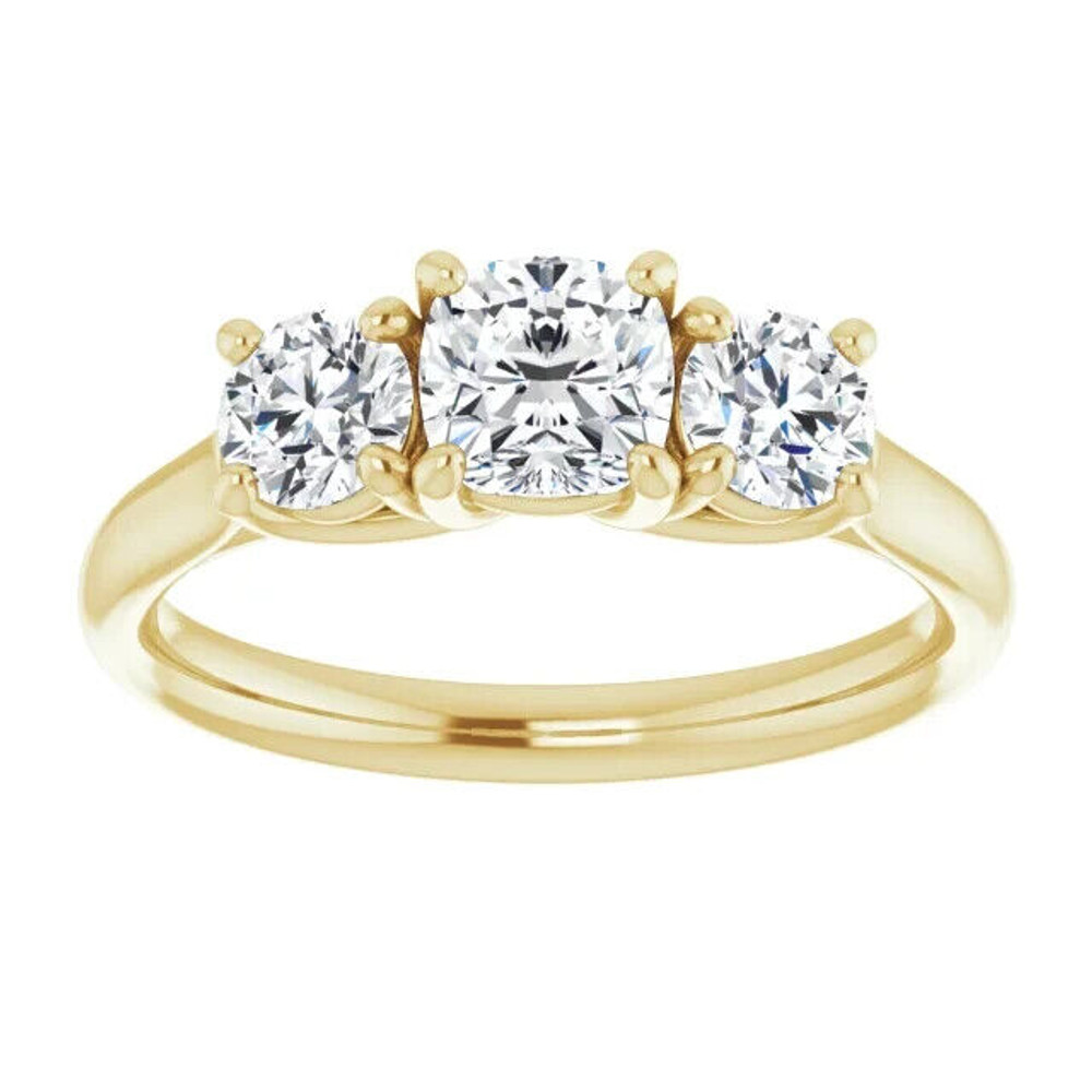 This stunning Forever One™ Moissanite Three-Stone Engagement Ring is crafted in 14K yellow gold and features a 5.0mm center stone flanked by two 4.0mm side stones.