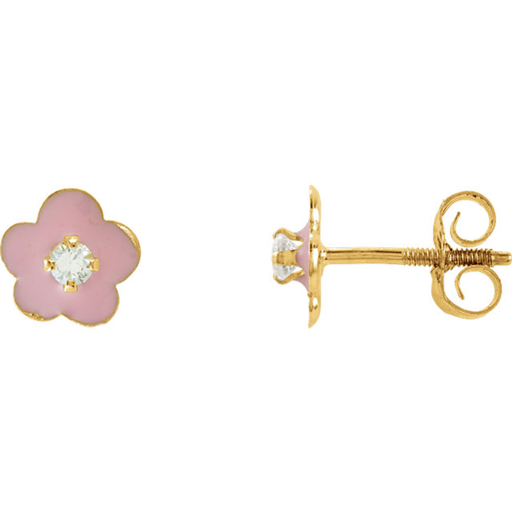Youth Enamel Flower & Cubic Zirconia Earrings In 14K Yellow Gold. Each comes with its own pad, box, tote bag and signature card.