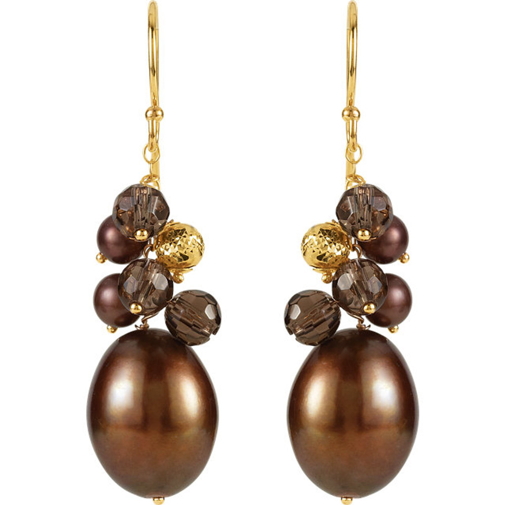 Freshwater Cultured Dyed Chocolate Pearl & Smoky Quartz Earrings In 14K Yellow Gold. Length is 40.50mm and the width is 10.50mm. Polished to a brilliant shine.