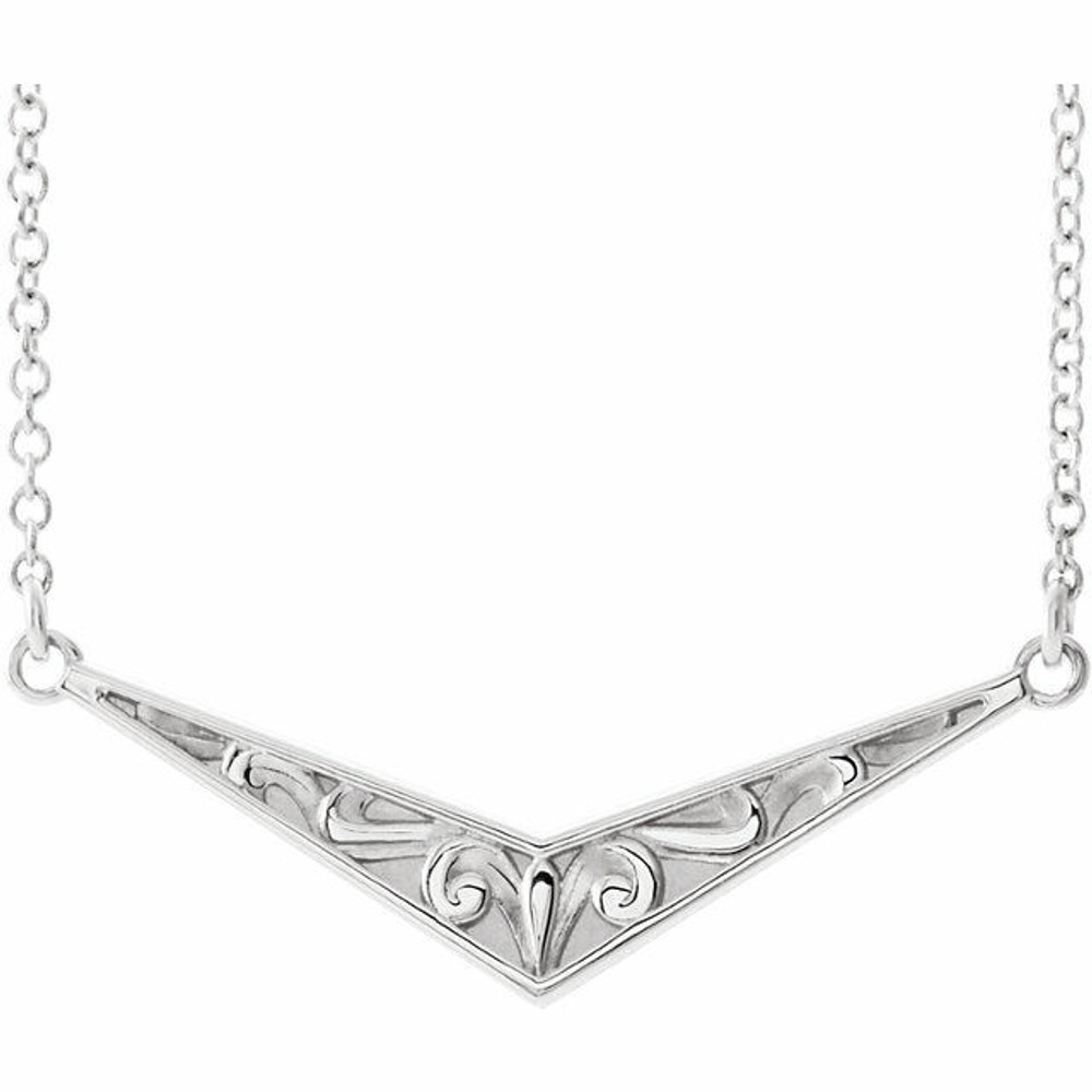 Add a touch of elegance to your outfit with this stunning sterling silver sculptural "V" necklace.
