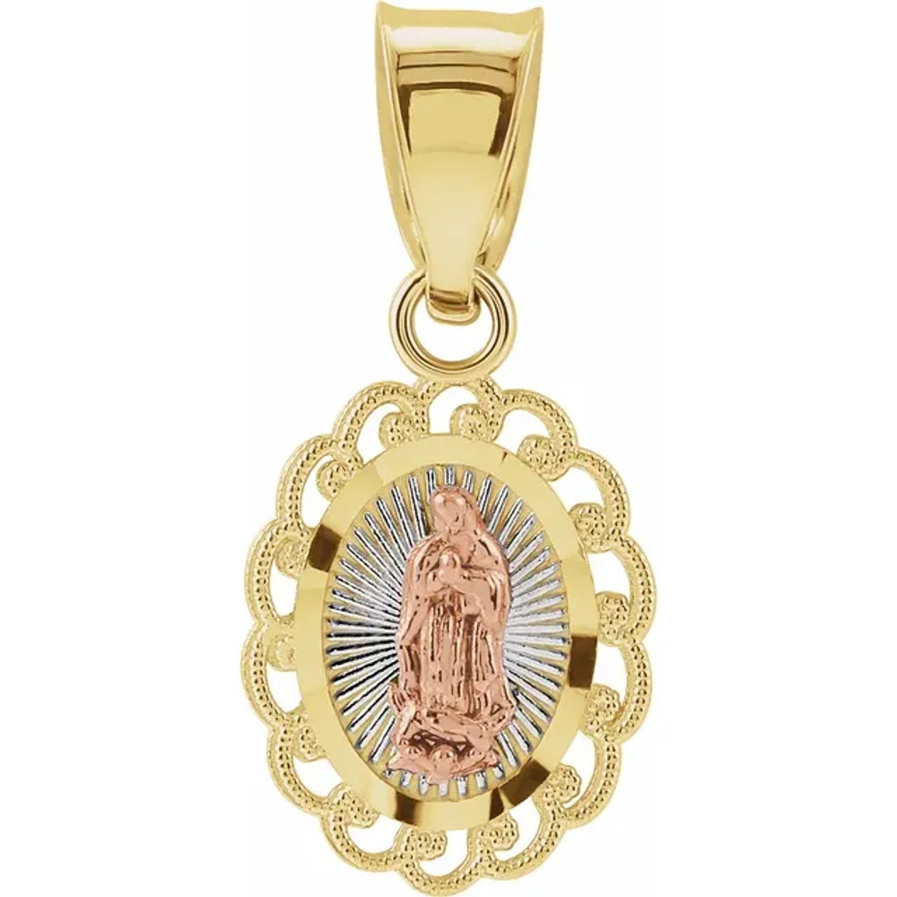 We have this stylish Our Lady of Guadalupe pendant shaped in 14 karat yellow gold. It shows an Our Lady of Guadalupe style. This pendant is carefully completed to a mirror finish metal. Nab this astonishing Our Lady of Guadalupe pendant now and add this uniquely design pendant to your collection.