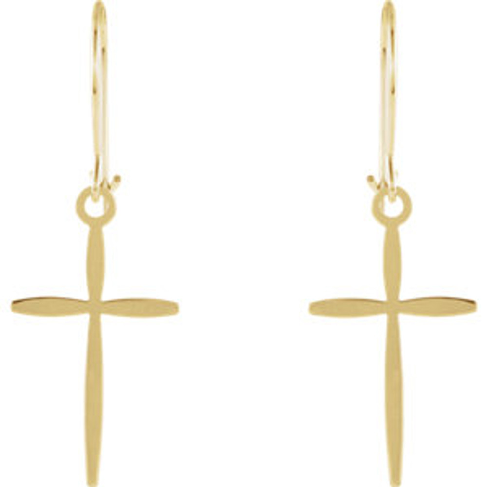These curved cross dangle earrings are made of polished 14kt yellow gold. Each earring measures 17mm by 11mm and weighs 0.79 grams.