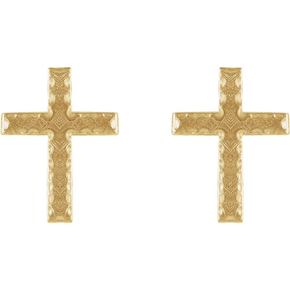 These curved cross earrings are made of polished 14kt yellow gold. Each earring measures 13mm x 9mm and weighs 0.72 grams.
