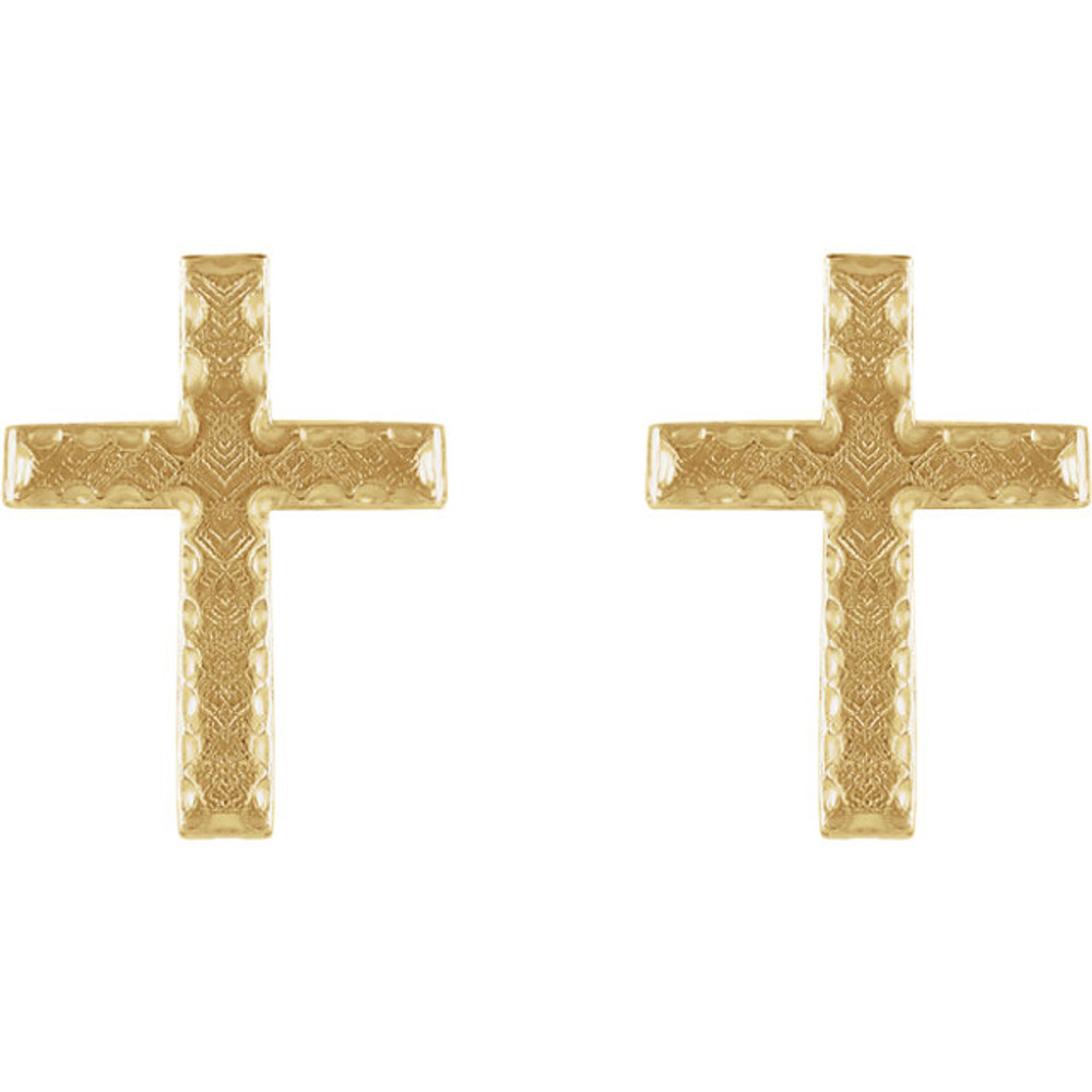 These curved cross earrings are made of polished 14kt yellow gold. Each earring measures 13mm x 9mm and weighs 0.72 grams.