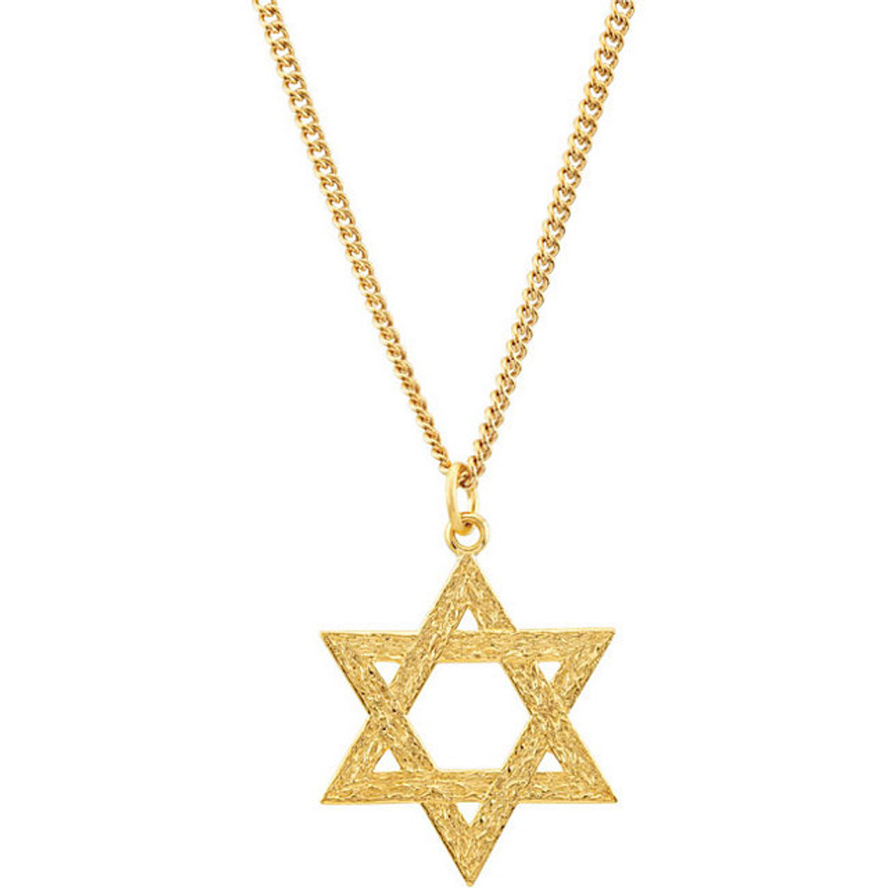 We have this seductive Star Of David 24" necklace assembled in 24 karat gold plated. This pendant unveils a Star of David pattern. This is finalized to a glossy finish metal.