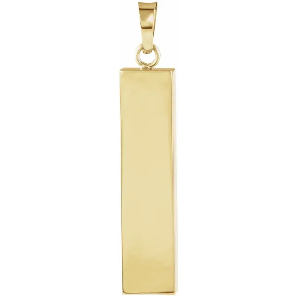 Specifications
Weight:	1.70 grams
Pendant Length:	32 mm
Pendant Width:	6 mm
Pendant Bail Type:	Tapered
Pendant Bail Inside Length:	2.7 mm
Pendant Bail Inside Width:	4 mm
Jewelry Material Type1:	Gold
Metal Purity1:	14K
Jewelry Material Type2:	Gold
Metal Color2:	White