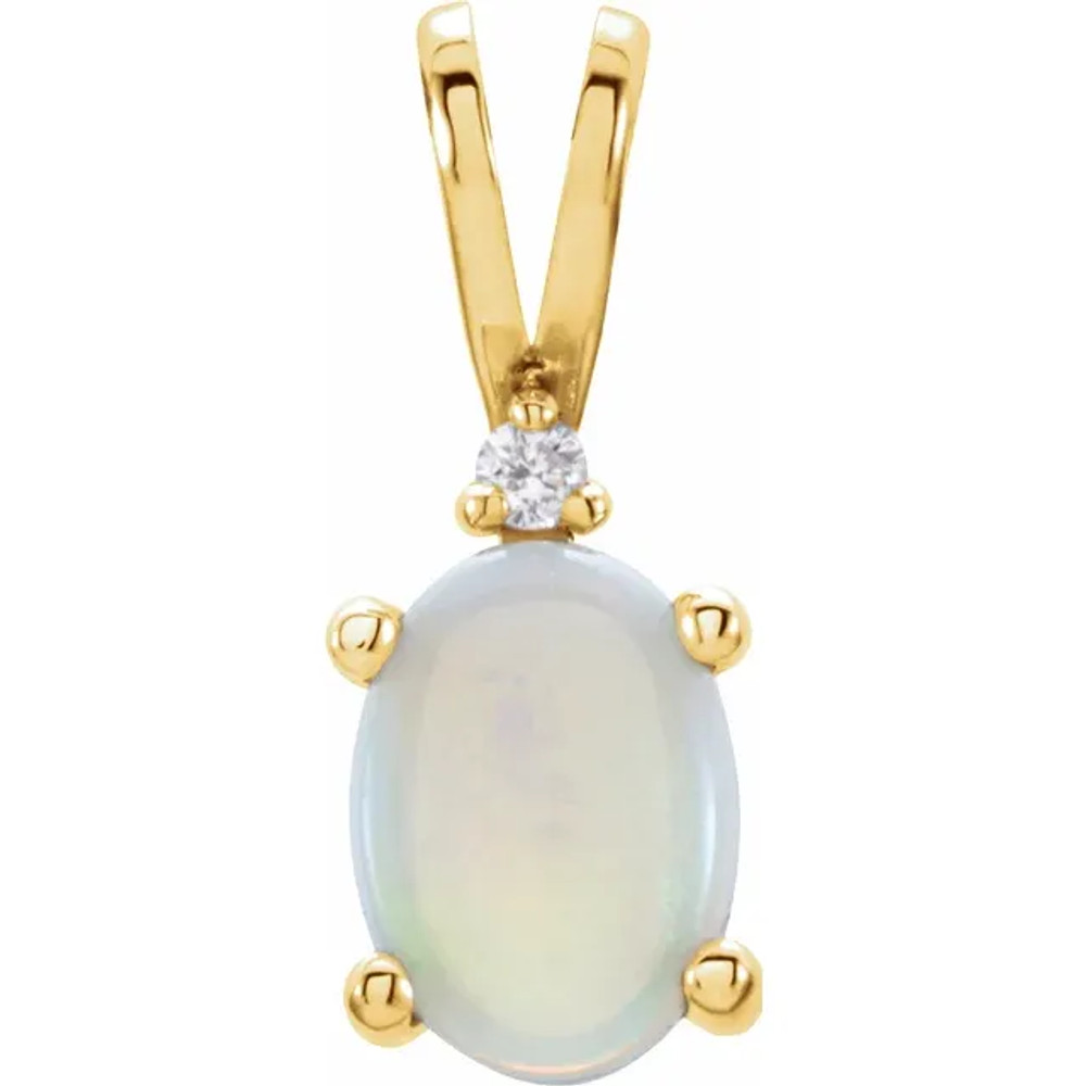 This 14K yellow gold pendant features a stunning natural white opal and a .01 CT natural diamond.
