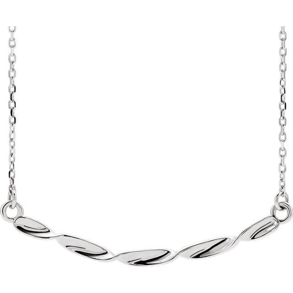 Elevate your style with this stunning Twisted Ribbon Bar Necklace. Crafted from Sterling Silver, this unique piece features a twisted ribbon bar pendant that delicately hangs from a 16-18 inch chain.