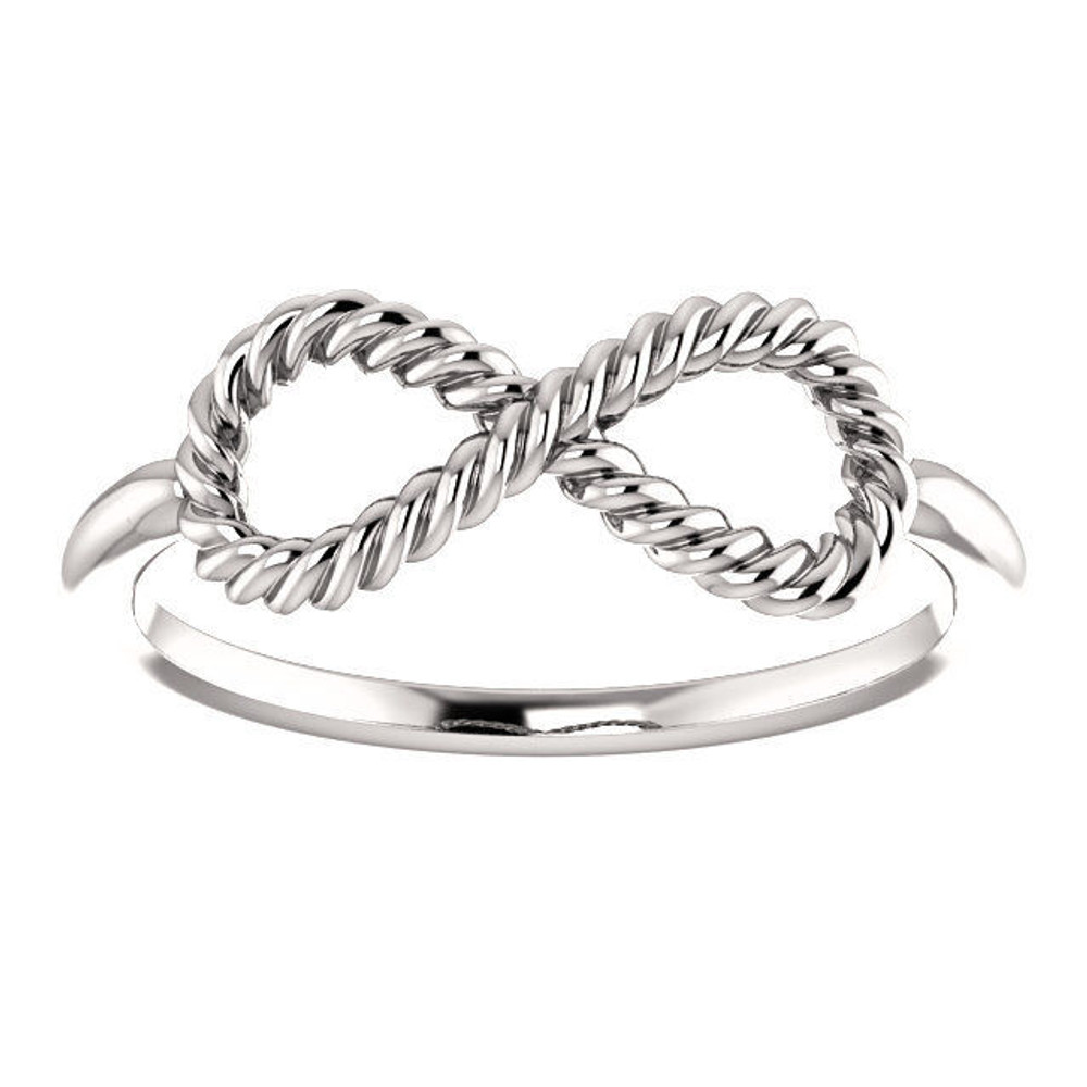 This stunning sterling silver ring features an infinity-inspired design with a delicate rope pattern.