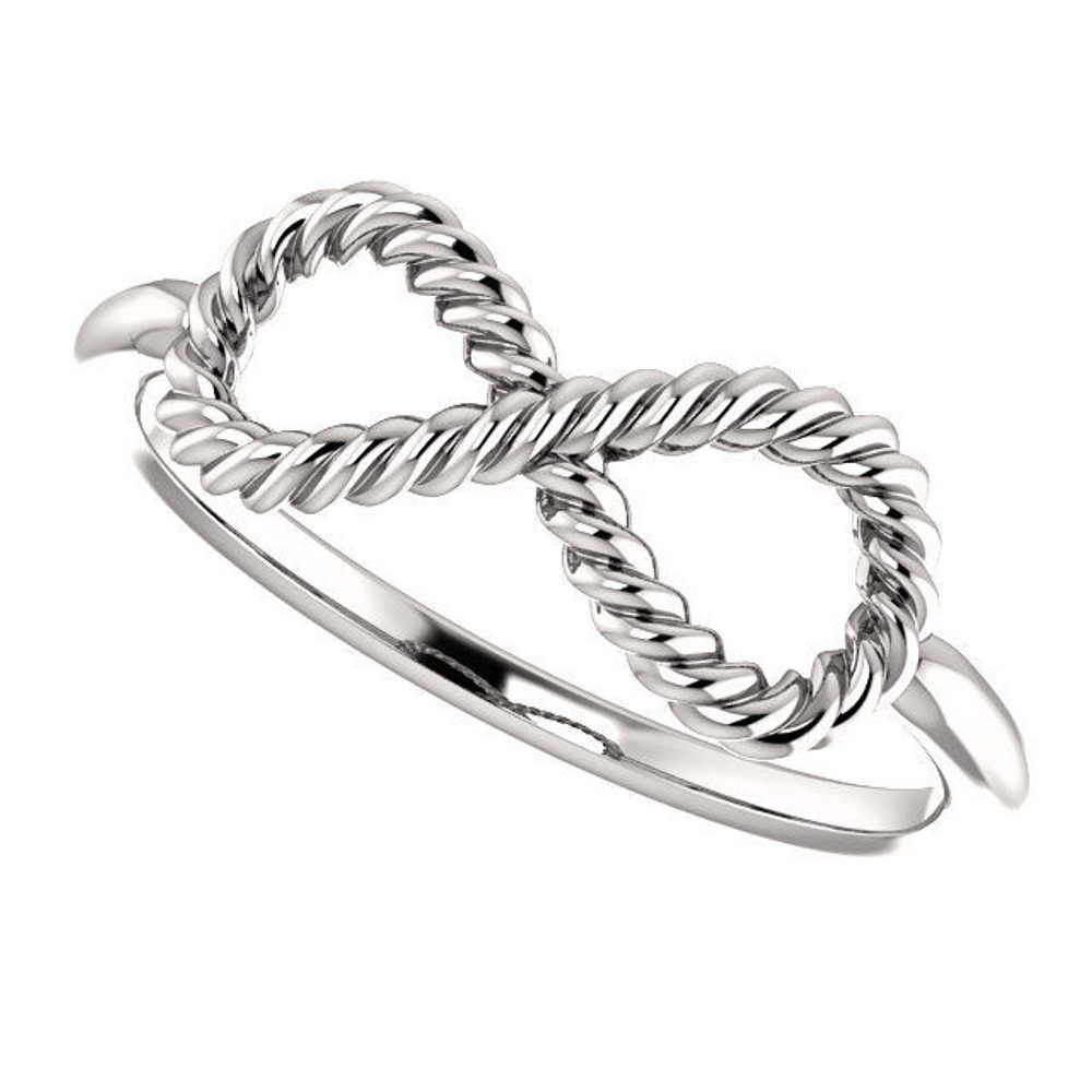 This stunning sterling silver ring features an infinity-inspired design with a delicate rope pattern.