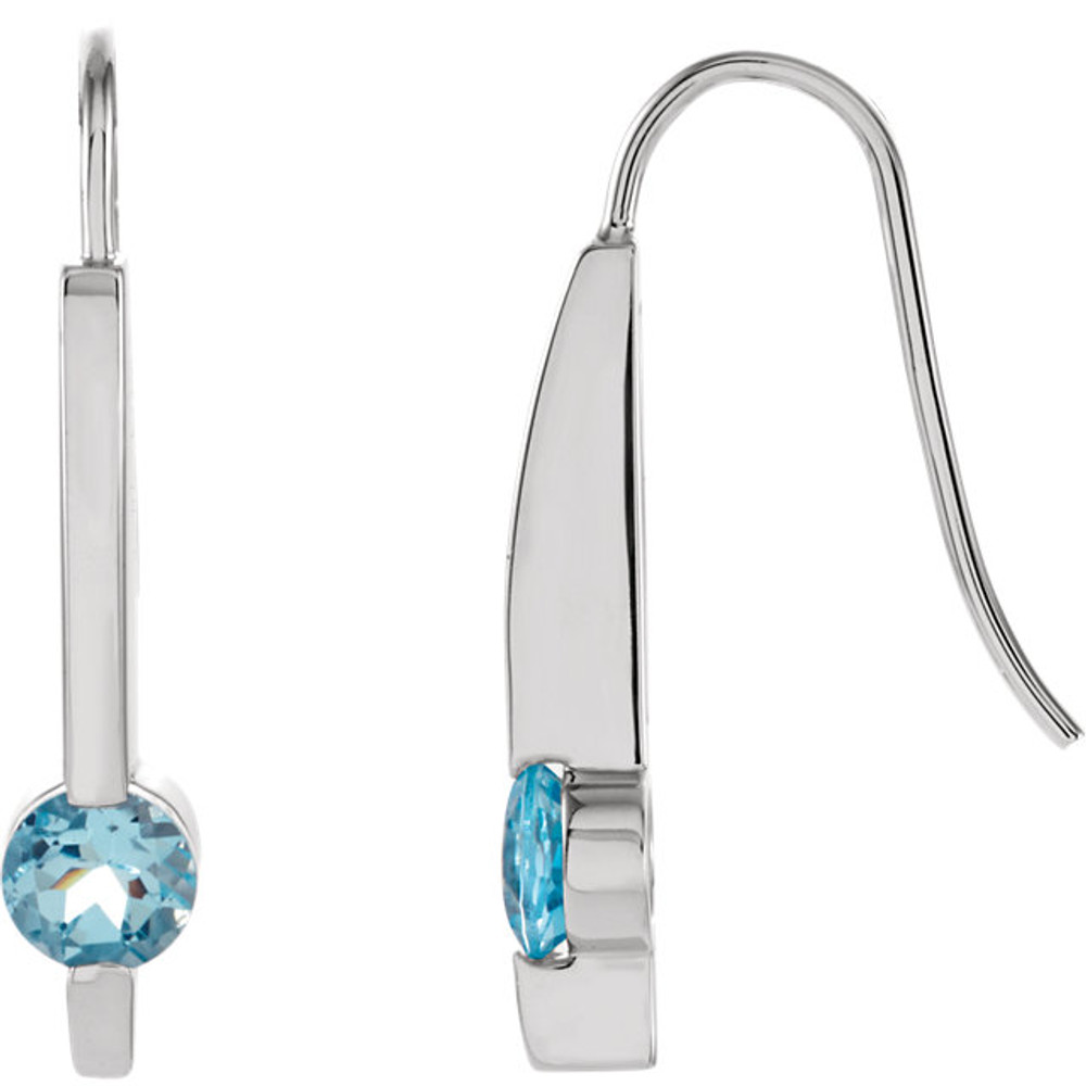 A stunning look for both March babies and those who love the mysterious blue color of aquamarines, these drop earrings will quickly become a favorite.

Genuine, round faceted 5mm aquamarines are channel set into a polished 14K white gold hook earring with a total carat weight of approximately 0.90. Almost half a carat per earring, these oceanic color, aquamarine drop earrings are sure to please and add dazzle to any outfit