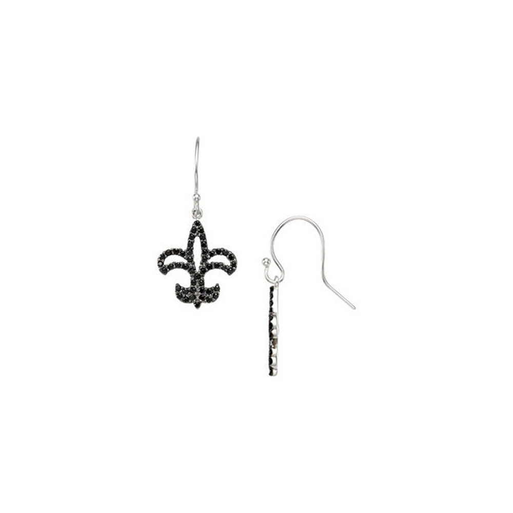 Superb style is found in these 14Kt white gold Black Spinel Fleur-de-lis Earrings accented with the brilliance of 94 genuine black spinel gemstones. Total weight of the gold is 2.15 grams.