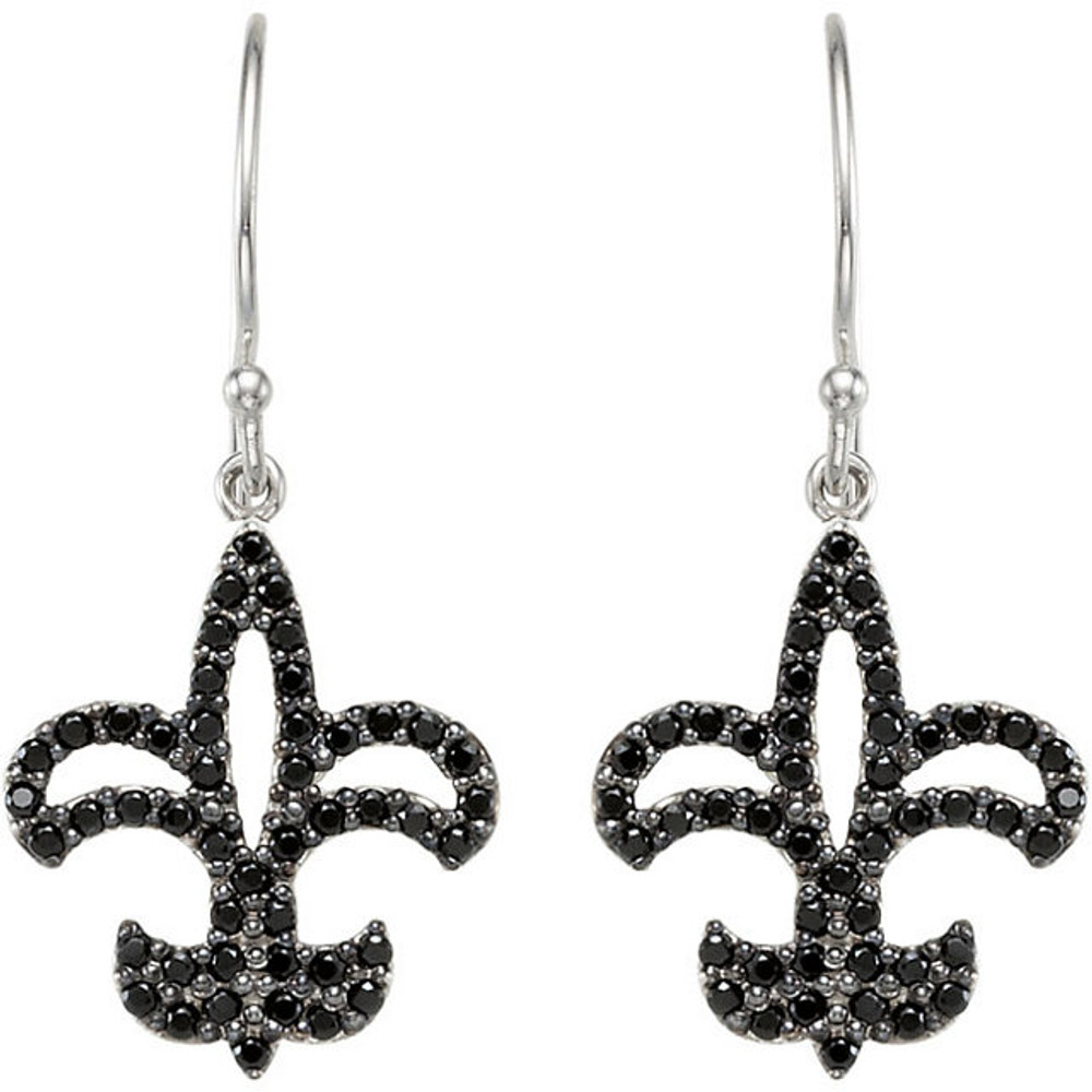 Superb style is found in these 14Kt white gold Black Spinel Fleur-de-lis Earrings accented with the brilliance of 94 genuine black spinel gemstones. Total weight of the gold is 2.15 grams.