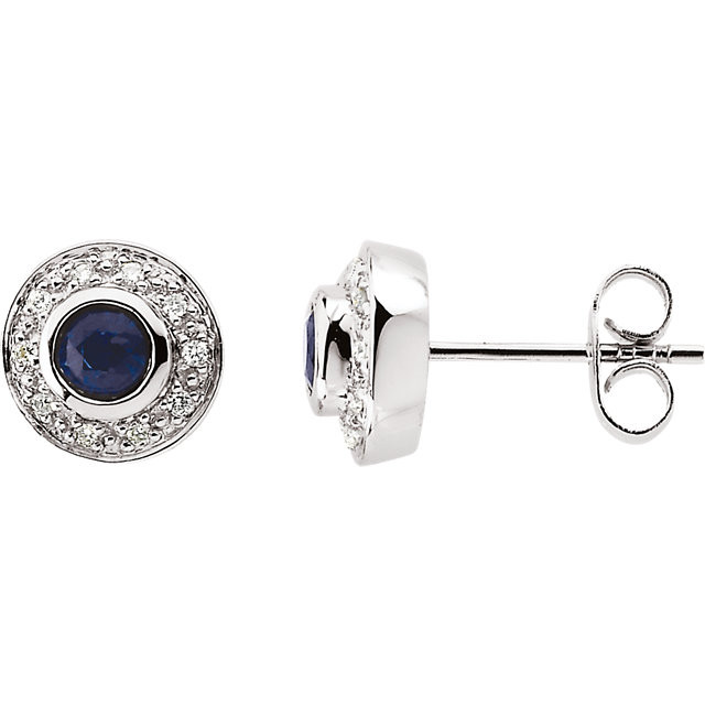 Fashionable and elegant, flaunt the ravishing beauty of these special earrings. Beautifully framed with 1/10 ct. t.w. of dazzling diamond accents, these earrings features two 3.50mm round gemstone sapphires that glisten beautifully. These luxurious 14K white gold posts secure comfortably with friction backs.
