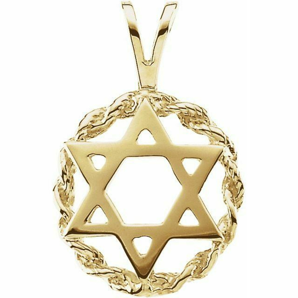 This simple, yet elegant Star of David pendant is crafted from superior quality 14 karat yellow gold.