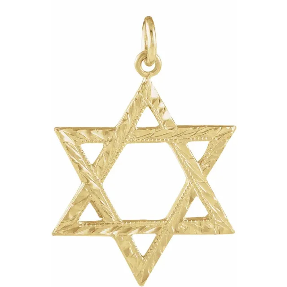 This is a brilliant Star of David pendant crafted of 14k yellow gold. This pendant reveals a Star of David type. Purchase this delightful Star of David pendant now and start a new trend of fashion.