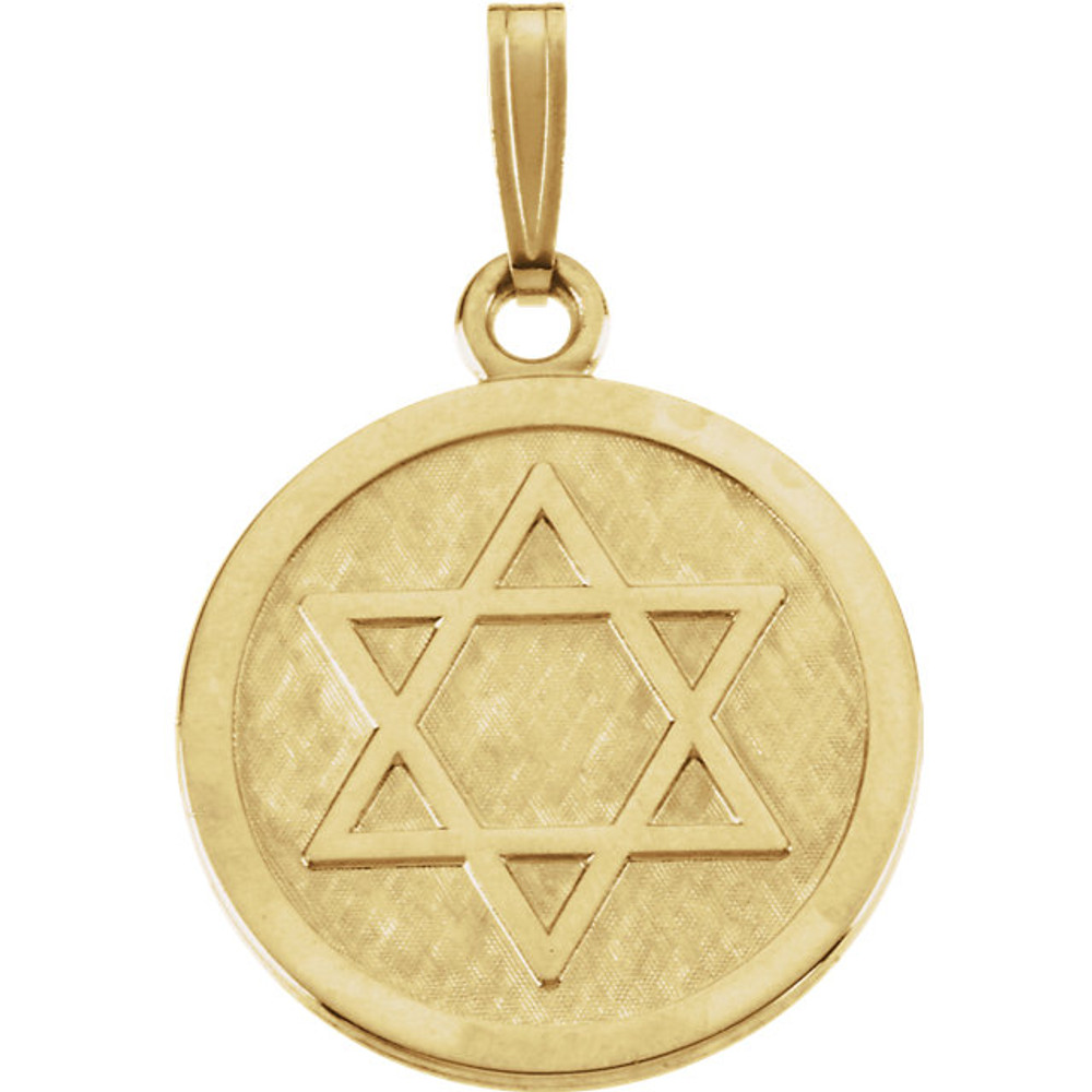 This Star Of David Pendant features dimensions of 23 millimeters, approximately 1-inch round. Made of 14K Yellow Gold, this religious jewelry piece weighs approximately 5.41 grams.