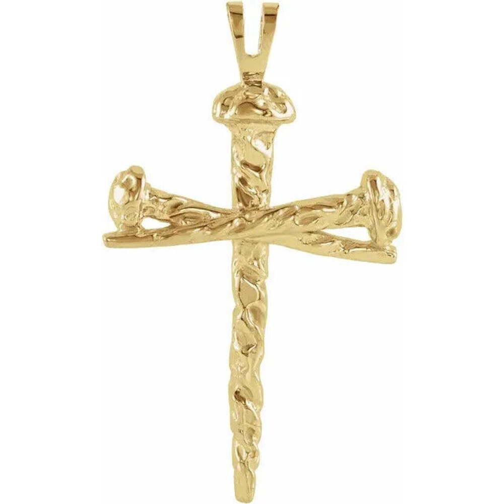 This 10K yellow cross pendant features a unique nail design, measuring 43x29.50 mm.