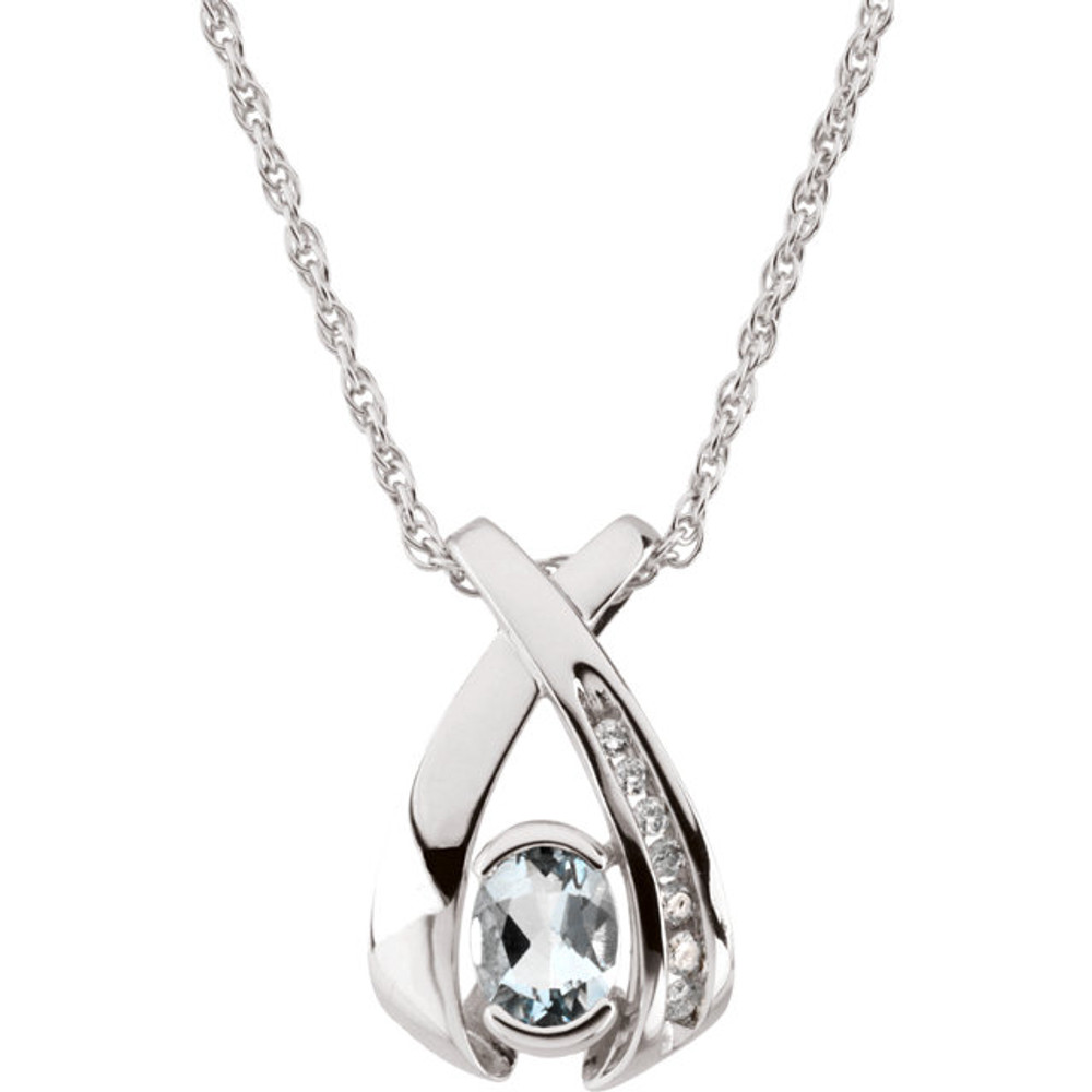 Oval Aquamarine & .08 ct. tw. Diamond 18" Necklace In 14K White Gold. Polished to a brilliant shine.