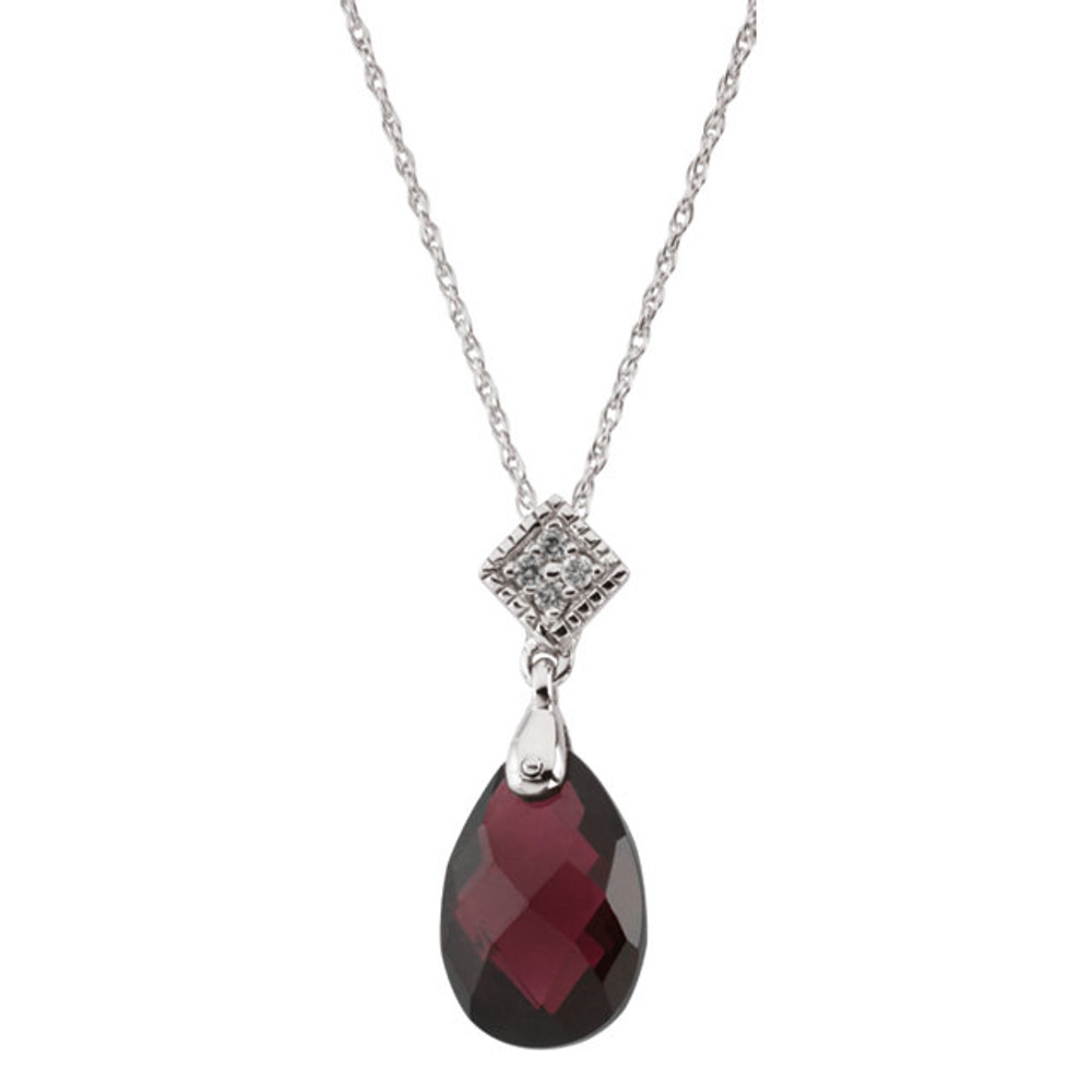 Product Specifications

Quality: 14K White Gold

Jewelry State: Complete With Stone

Gemstone Type: Brazilian Garnet

Gemstone Shape: Round

Gemstone Size: 12x8mm

Diamond Total Carat Weight: .04

Length: 18.00 Inch

Type: 14K White Gold Solid Rope Chain

Weight: 1.18 grams

Finished State: Polished