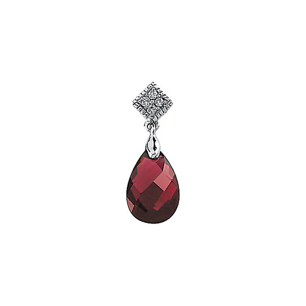 This 14k white gold drop pendant features a stunning 12x8mm pear cut garnet gemstone adorned with round diamonds. Diamonds are .04ctw and are G-H in color, and I1 or better in clarity.