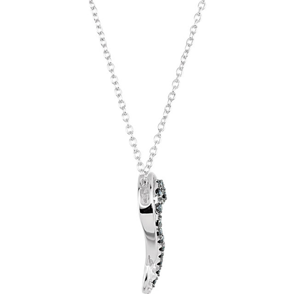 This romantic sterling silver necklace features a heart adorned with sparkling round diamonds. Diamond are 1/5ctw and H+ in color and I2 in clarity. Necklace is suspended from a sterling silver chain that is 18 inches in length.