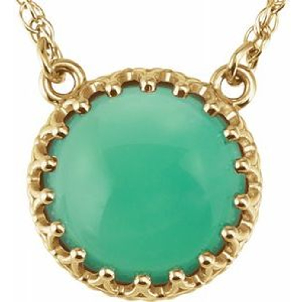 Crafted in cool 14K yellow gold, the eye is drawn to the mesmerizing 10.0mm round-shaped, Chrysoprase center stone. Polished to a brilliant shine, this pendant suspends from an 18.0-inch cable chain.