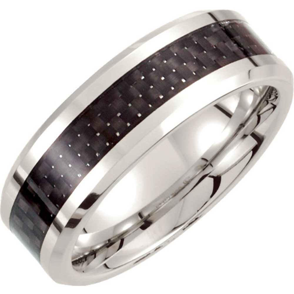 New men's 8mm polished Cobalt Black Carbon Fiber Inlay Band wedding ring. Perfect for the man with an active life style, light weight and indestructible. Each ring is hand made to order in the USA. Available in whole and half finger sizes 8 - 13.0.