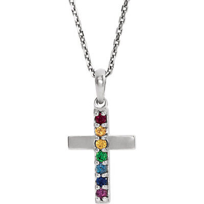 Inspiring and eye-catching, this sparkling Genuine Multi-Gemstone Cross pendant showcases beautiful sterling silver and matching 16-18" solid cable chain necklace.