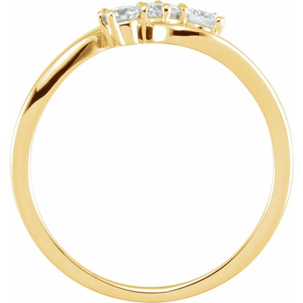 A three-stone ring, also known as a trilogy or trinity ring, symbolizes the past, present, and future of a relationship. The center stone represents the present, while the side stones represent cherished memories from the past and the promise of a future together.