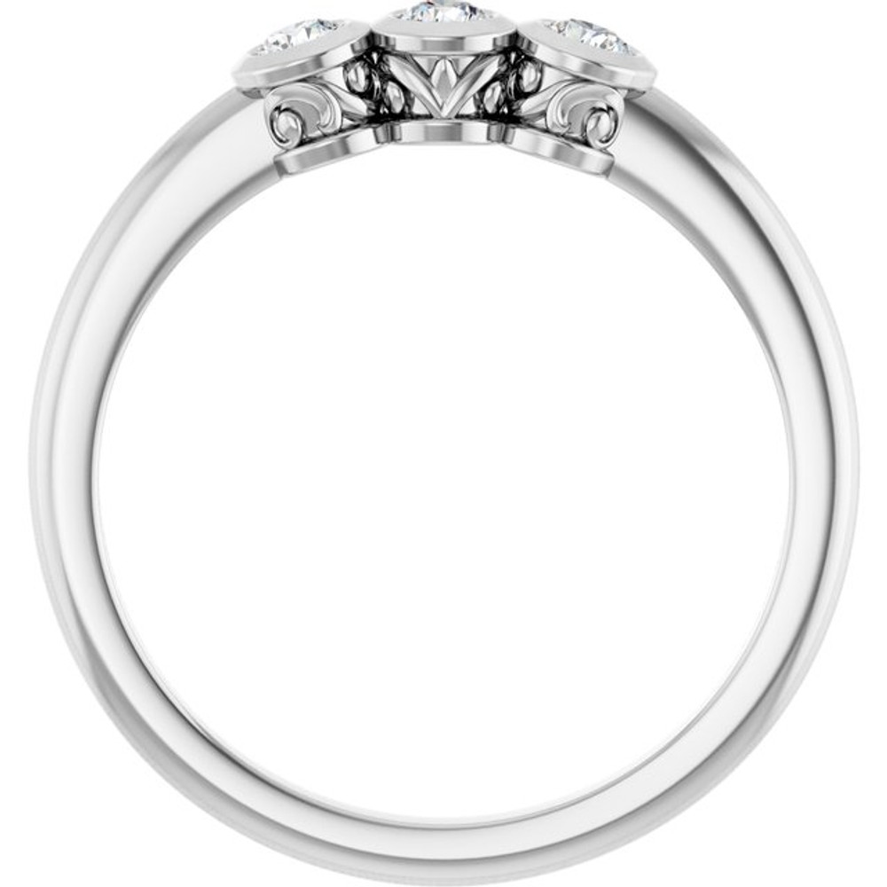 A three-stone ring, also known as a trilogy or trinity ring, symbolizes the past, present, and future of a relationship. The center stone represents the present, while the side stones represent cherished memories from the past and the promise of a future together.