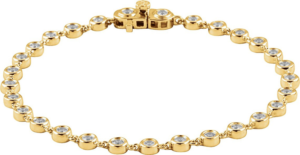 A thoughtful look just for her, this gorgeous diamond bracelet is a winner all around. Crafted in 14K Yellow Gold, this stunning style features 29 round diamonds each with a color ranking of H+ and a clarity of I1. Sparkling with 2 ct. t.w. of round diamonds, this 7.0-inch circumference secures with a tongue and groove clasp.