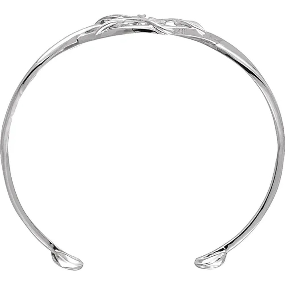 This 14K white gold Diamond Infinity-Inspired Cuff Bracelet with Leaf Design.
