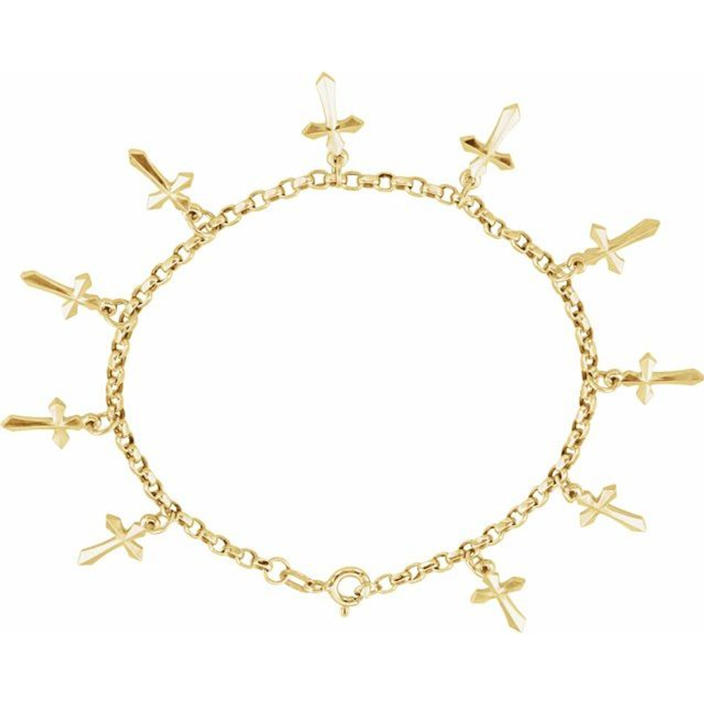 As much an expression of faith as it is fashion, this cross bracelet is a lovely look for her. Crafted in 14K yellow gold, this chain bracelet is stationed with 10 beautiful crosses. Polished to a brilliant shine, this 7.0-inch bracelet secures with a claw clasp.