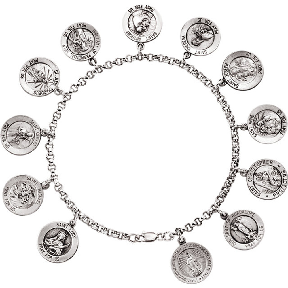 This religious multi-saint bracelet features Our Lady of Guadalupe, Saint Christopher, Saint Anne, Saint Joseph, Saint Theresa, Saint Anthony, Our Lady of Perpetual Help, Saint Jude Thaddeus, Saint Michael, Saint Lucy, Saint Gerard, and Mary charms each 11mm in diameter. Dangles are approx 11mm.