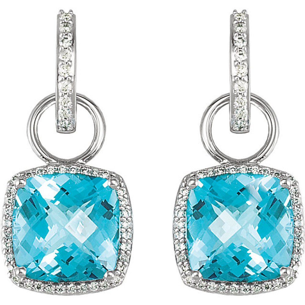 Celebrate her December birthday with these exquisite drop earrings. Crafted in 14K white gold, each earring showcases a 10.0mm cushion-cut Swiss blue topaz center stone. Polished to a brilliant shine.