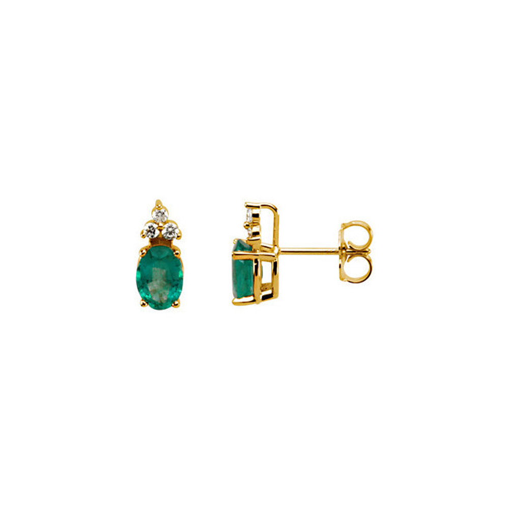 Fashionable and elegant, flaunt the ravishing beauty of these special earrings. Beautifully framed with .06 ct. t.w. of dazzling diamond accents on the top post, these earrings feature two 7x5mm round gemstone emeralds that glisten beautifully. These luxurious 14K yellow gold posts secure comfortably with friction backs. A thoughtful gift for the May birthday girl.