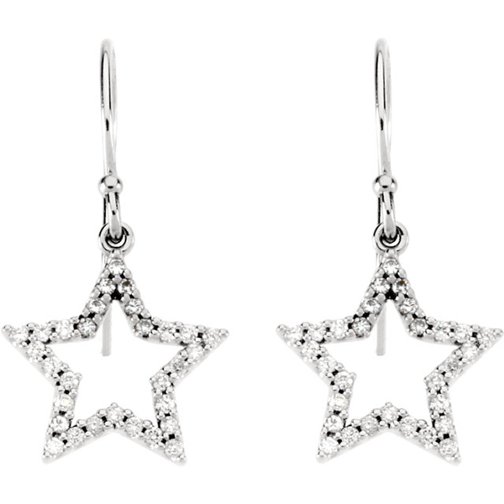 Get into the spotlight with these sparkling diamond star earrings crafted in 14kt White Gold. These stunning star shaped earrings feature brilliant-cut, round, near-colorless G-H Color and I1 Clarity diamonds set in a classic prong setting.

Custom-made in polished finish, these designer earrings make a great fashion earring or April birthstone earring for women anytime, anywhere.

Mix and match these bright and shiny diamond earrings with our other fine diamond jewelry items.