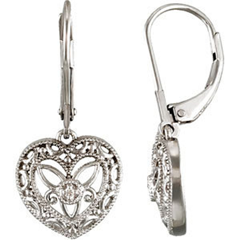 Celebrate a heart filled with love and a whole lot of sparkle with these stunning earrings. Beautifully crafted in sleek sterling silver, glistening with .02 ct. t.w. of diamonds, these drop earrings are polished to a radiant shine and comfortably secure with lever backs.