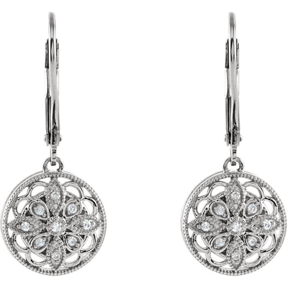 Be the center of attention in these incredible diamond leverback earrings, which are crafted from sterling silver and feature 18 round single cut white diamond accents. Polished to a brilliant shine.