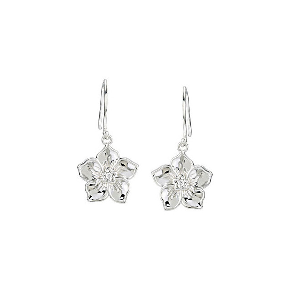 A single, full-cut diamond adorns the center of each of these lovely, forget me not earrings. The combined stone weight is 0.03 carat.  These dangle earrings measure an approximate 1-1/8" length and are available in either high-polished 14K yellow or white gold.