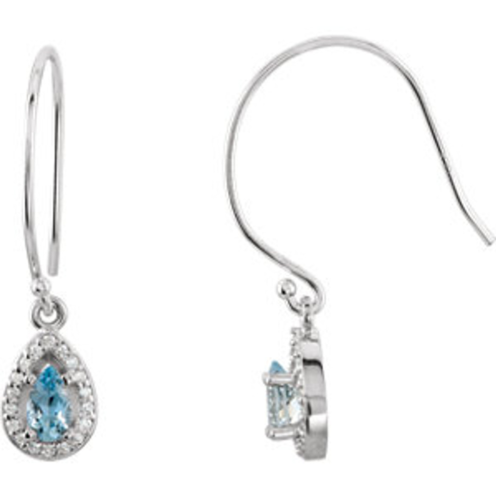 These 9.5x7.25mm oval aquamarine and 1/10 ct. t.w. diamond drop earrings are set in 14K white gold. These earrings suspend from French wires.