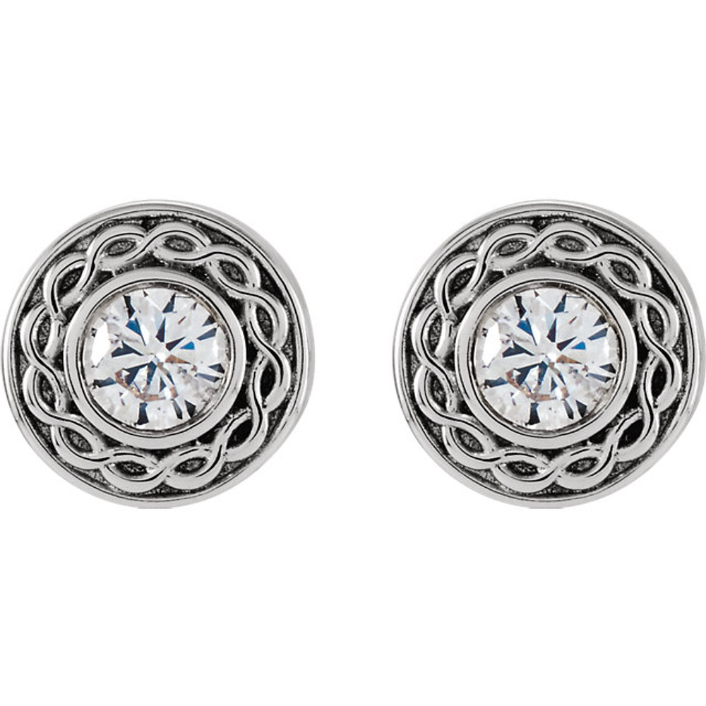 Round Rope Design Friction Back Diamond Stud Earrings In 14K White Gold. Radiant with 1/5 ct. tw. and has a bright polish to shine.