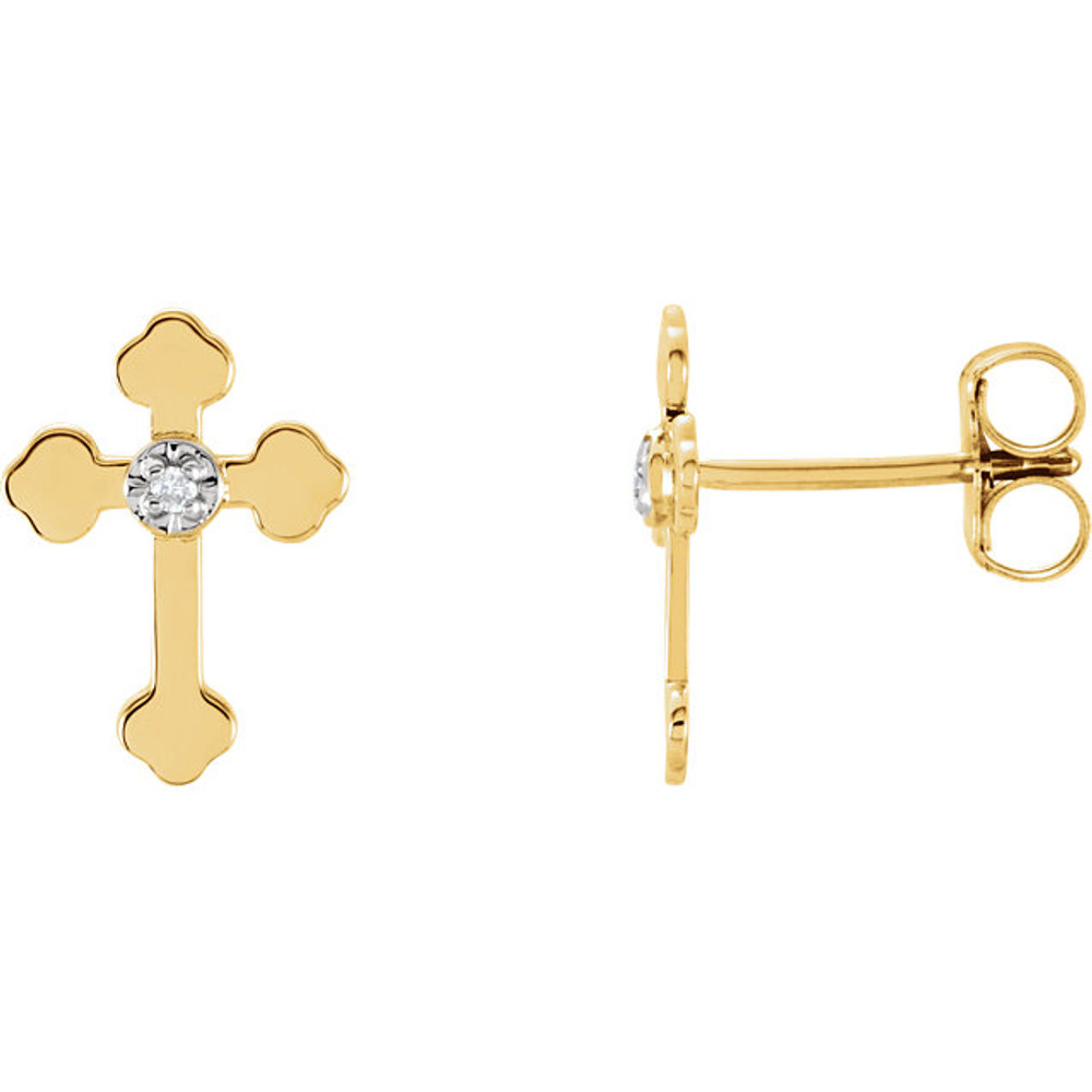 This is a set of glamorous cross earrings constructed of 14k gold. These stud earrings have a round brilliant shape diamond. They show a cross design These earrings are polished to a mirror like finish metal. They have a post with friction back to keep them holds to your ear. Invest in these alluring cross earrings now and embellish yourself with these jewelries. 