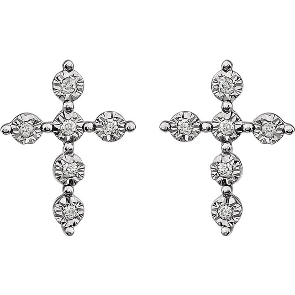 Stylish and symbolic. These sparkling stud earrings feature a cross shape accented by round-cut diamonds. Set in 14k white gold and weighing approximately 1/10 ct. tw.