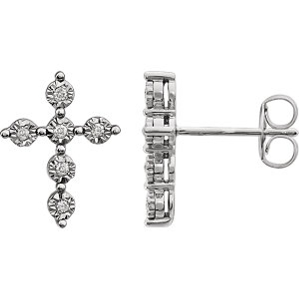 Stylish and symbolic. These sparkling stud earrings feature a cross shape accented by round-cut diamonds. Set in 14k white gold and weighing approximately 1/10 ct. tw.