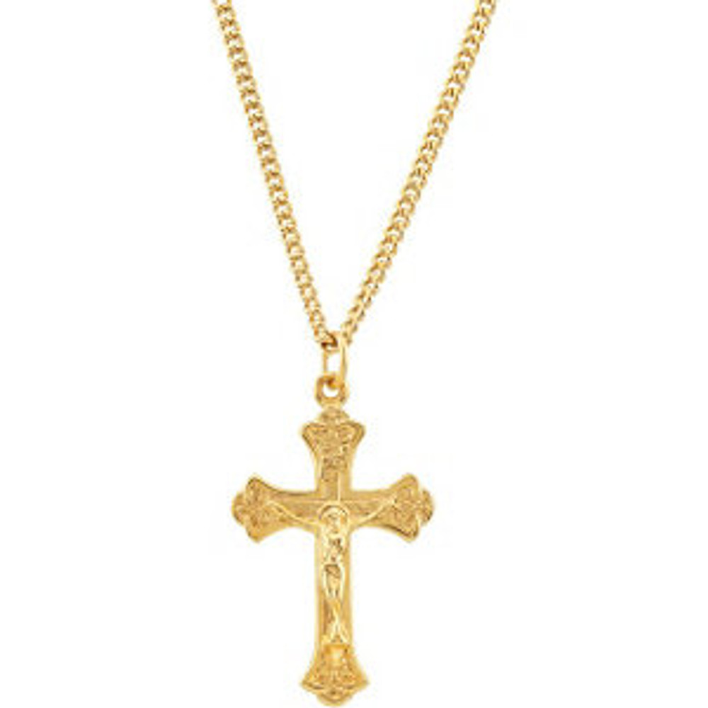 This cross necklace has an elegant design in 24K Gold Plated. Pendant measures 36.76x22.26mm and has a bright polish to shine.
