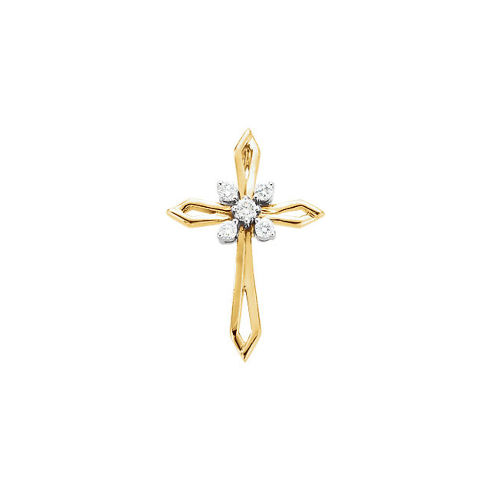 Diamond cross pendant in 14k gold measures 24.00x17.00mm and radiant with .16 ct. tw. Polished to a brilliant shine.