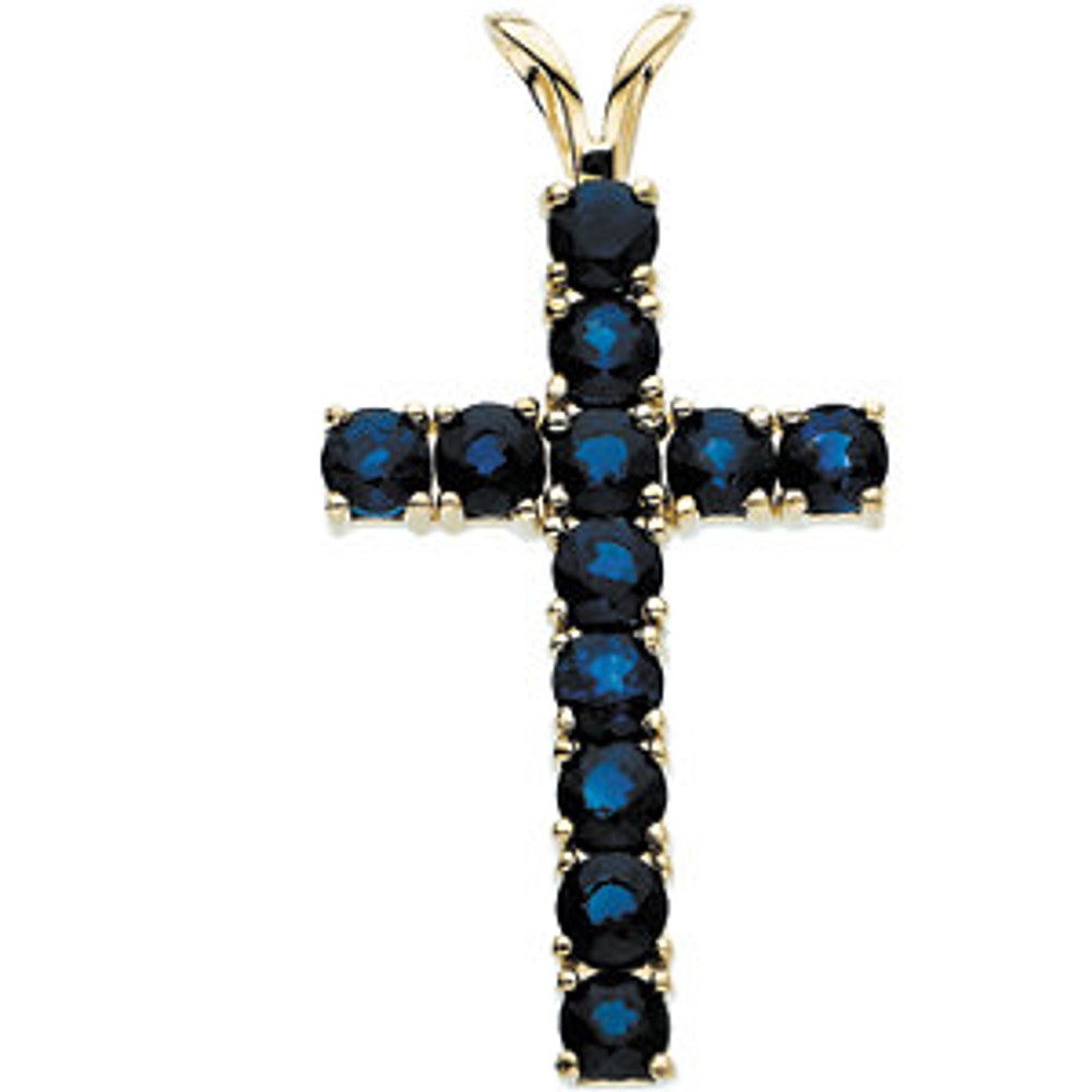 Celebrate faith, fashion and her September birthday with this eye-catching cross pendant. Created in 14k yellow gold, this traditional cross is completely outlined with shimmering genuine blue sapphires. This pendant is polished to a brilliant shine. Chain sold separately!